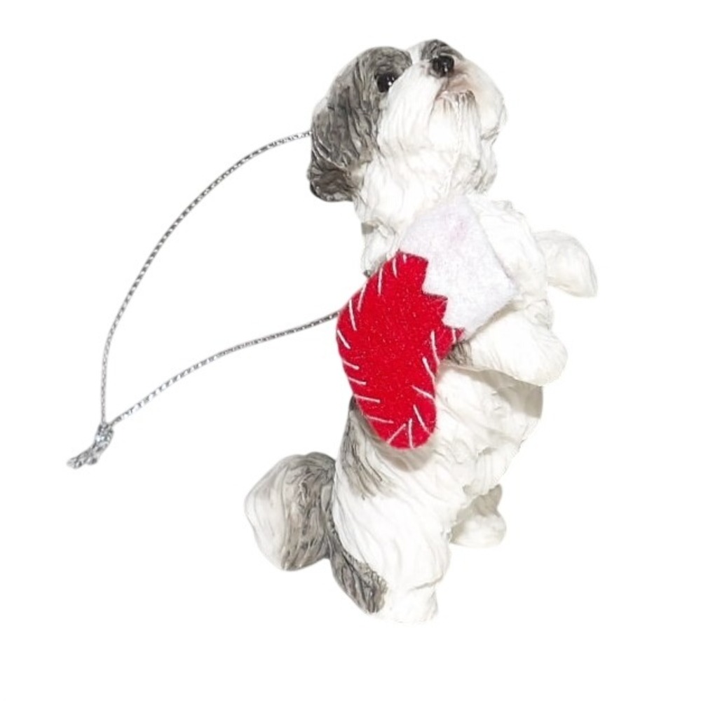 Sandicast Shih Tzu Dog Christmas Ornament Grey White with Red Stocking Resin